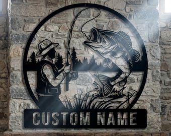 Lure Fishing Bass Metal Wall Art, Pine Tree Lake House Decor, Custom Metal Sign, Personalized Gifts for Him, Outdoor Metal Sign Art