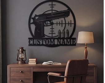 Custom Pistol Metal Sign, Personalized Gun Range Wall Art, Tactical Shooting Decor, Unique Gift for Gun Collector, Hardcore Target Plaque