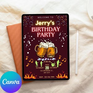 Puede incluir: Una invitación digital para la fiesta de cumpleaños de Jerry, con dos jarras de cerveza con espuma, notas musicales y una silueta de banda. La invitación está en una tableta, con el texto "WELCOME TO Jerry's BIRTHDAY PARTY". La fecha es el sábado 20 de octubre de 2026.