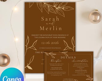 May include: A brown wedding invitation suite with gold floral accents. The main invitation card features the names "Sarah and Merlin" and the date "12 06 2026". A smaller details card is included. The Canva Editable logo is visible.