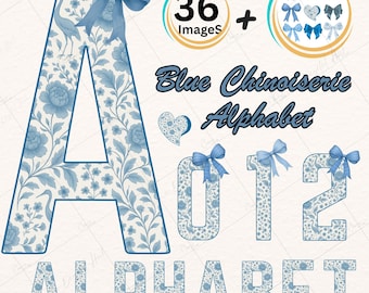 Imágenes prediseñadas del alfabeto floral estilo chinoiserie, letras azules para guardería (archivo descargable con 36 imágenes)