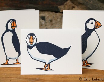 Set of Three Letterpress / Woodcut Greeting Cards: Puffins