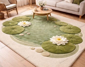 Alfombra de musgo tejida a mano con diseño de nenúfares, alfombra inspirada en la naturaleza, alfombra con estampado floral de estanque.