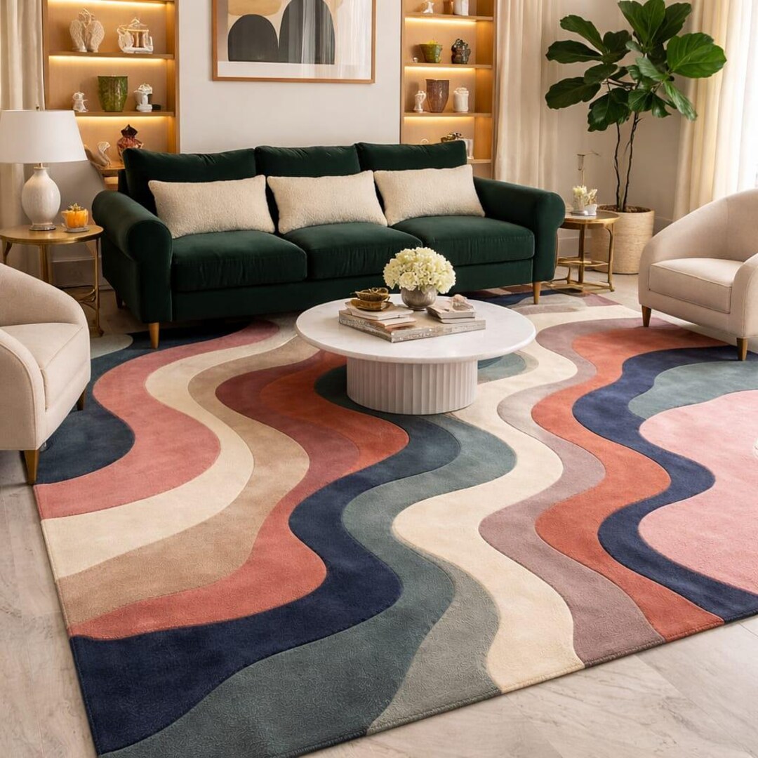 Hand Tufted Abstract Wave Rug, Modern Colorful Area Rug, Contemporary ...