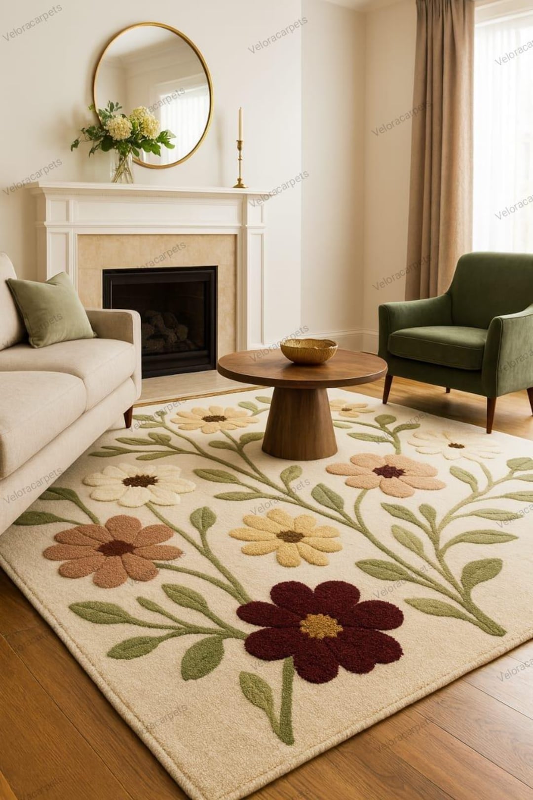 Luxury Hand-tufted Wool Floral Rug With Beige Base and Blooming Garden ...