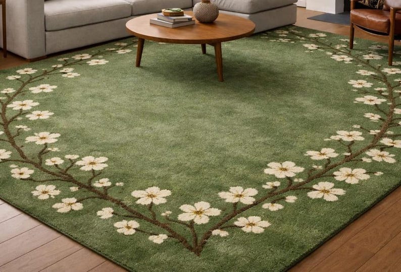 Puede incluir: Una alfombra verde con un dise&ntilde;o floral. La alfombra presenta un borde de ramas marrones con flores blancas. La alfombra es rectangular y est&aacute; colocada en un sal&oacute;n.