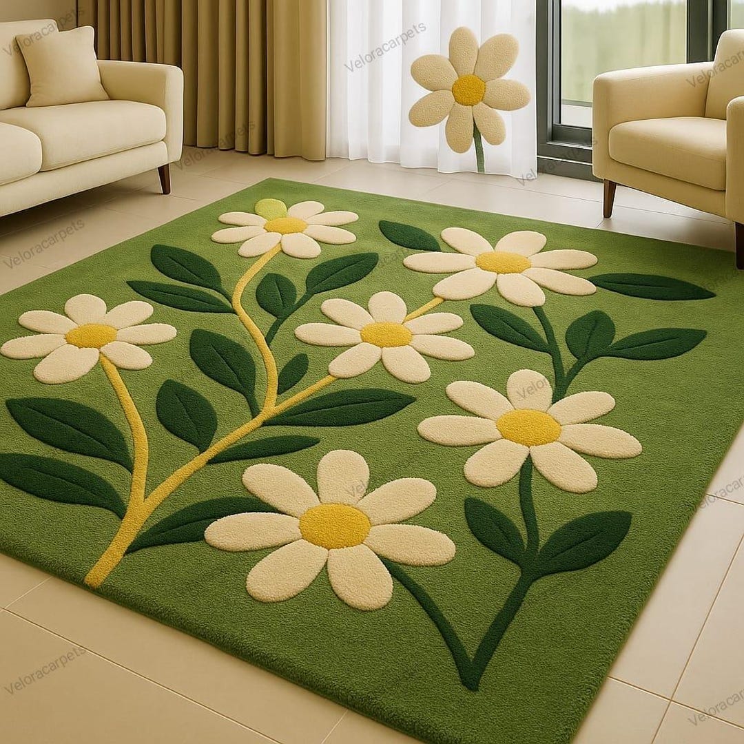 Hand-tufted Daisy Flower Rug | Green Floral Area Carpet | Soft Wool ...