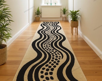 Alfombra moderna ondulada en beige y negro / Alfombra texturizada para pasillo / VeloraCarpets