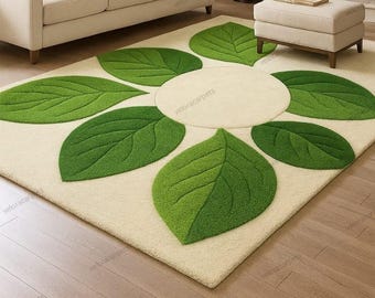 Luxury Hand-Tufted Moss Green Leaf Rug for Modern Cozy Living Room Decor