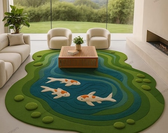 Handmade Koi Fish Pond Rug – 3D Textured Nature Design Carpet