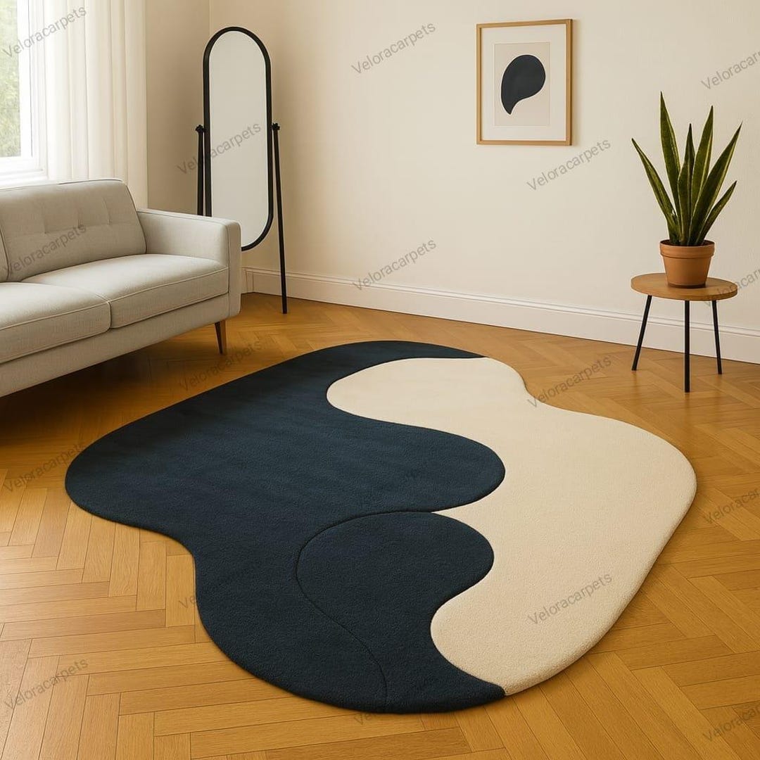 Modern Wavy Abstract Hand-tufted Rug Navy Blue & Cream Aesthatic Carpet ...