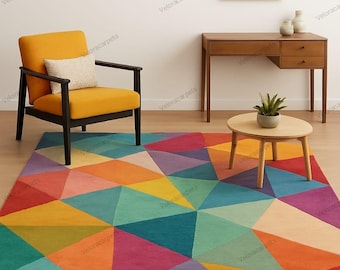 Modern färgglad abstrakt ullmatta | Livfull geometrisk matta för vardagsrum
