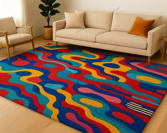 Hand-Tufted Wool Rug | Colorful Abstract Wave, Modern Art Decor