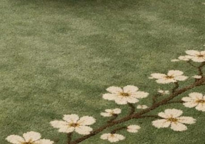 Puede incluir: Una alfombra verde con un dise&ntilde;o floral. La alfombra presenta un patr&oacute;n de flores blancas con centros amarillos y un tallo marr&oacute;n. El fondo es de color verde liso.