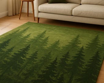Alfombra de lana verde bosque – Alfombra de bosque con pinos tejida a mano