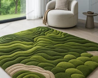 Alfombra verde moderna con textura 3D inspirada en la naturaleza / Decoración minimalista y acogedora para la sala de estar
