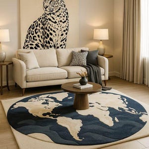 Hand Tufted World Map Rug, Modern Round Area Rug, Handmade Wool Carpet, Earth Globe