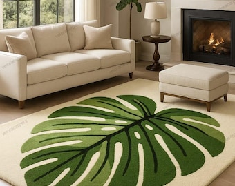 Hand Tufted Monstera Leaf Rug | 100% Wool Tropical Carpet | Modern Botanical Rug