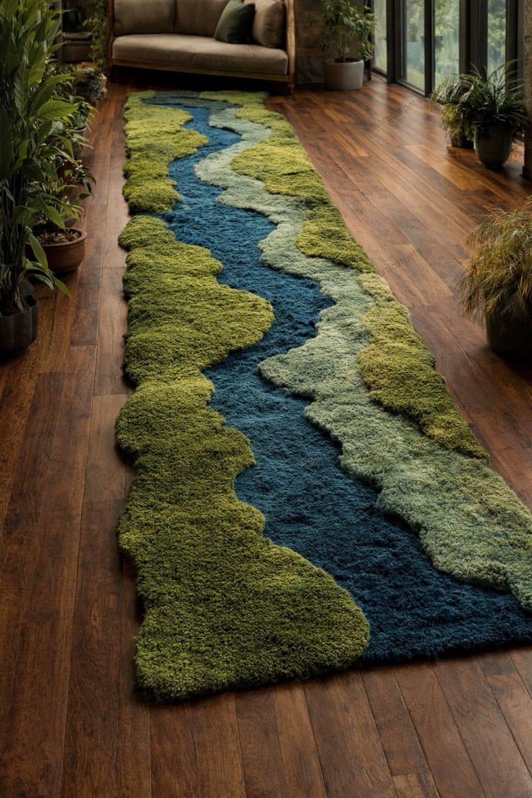 Hand Tufted Moss Ruge, River Inspired Runner Rug, 3D Landscape Area Rug ...