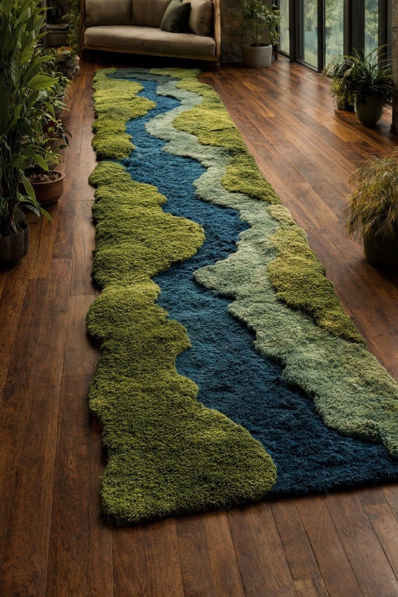 Hand Tufted Moss Ruge, River Inspired Runner Rug, 3D Landscape Area Rug ...