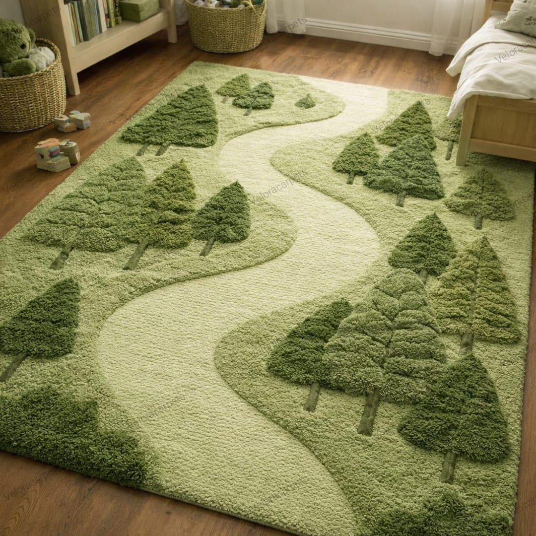 Hand Tufted Forest Rug, Moss Green Landscape Rug, 3D Tree Pattern ...
