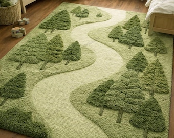 Alfombra Forestal tejida a mano, alfombra paisajística verde musgo, alfombra con estampado de árboles en 3D, inspirada en la naturaleza.