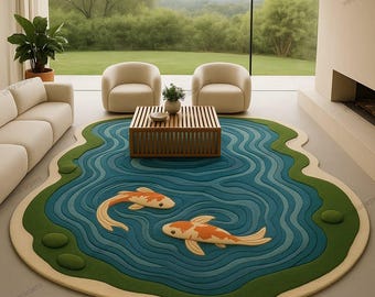 Hand Tufted Koi Fish Pond Rug | 100% Wool Artistic Living Room Carpet