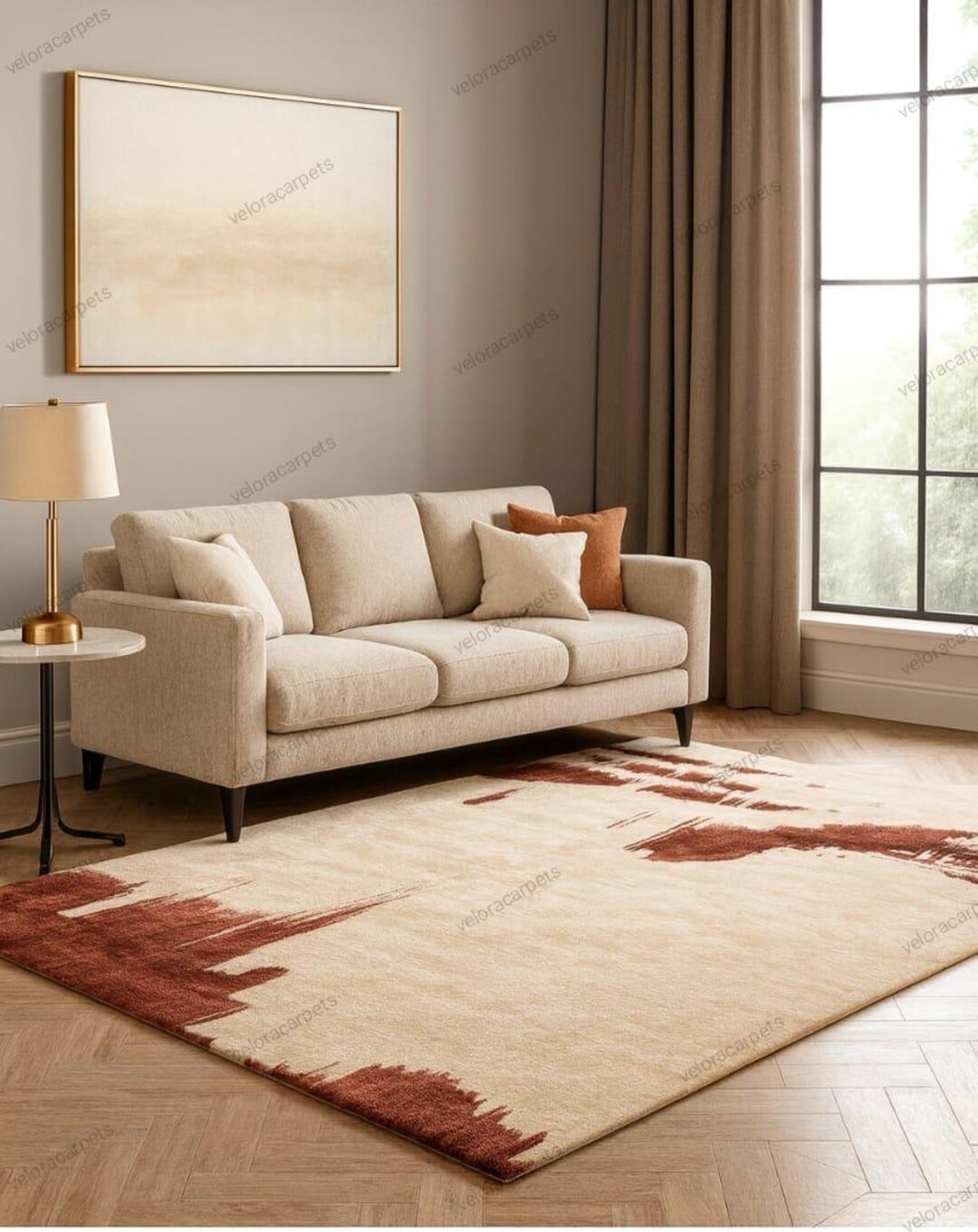 Large Rust Beige Rug Modern Abstract Rust & Beige Tufted Wool Rug | Luxury 100% Wool High ...