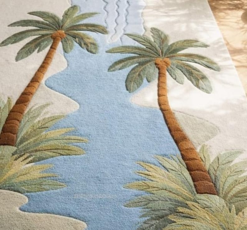 Hand Tufted Palm Tree Rug, Tropical Oasis Area Rug, Coastal Beach Decor ...