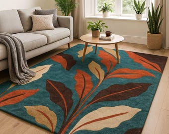 Modern 100% Wool Rug in Teal, Rust & Beige – Artistic Botanical Design