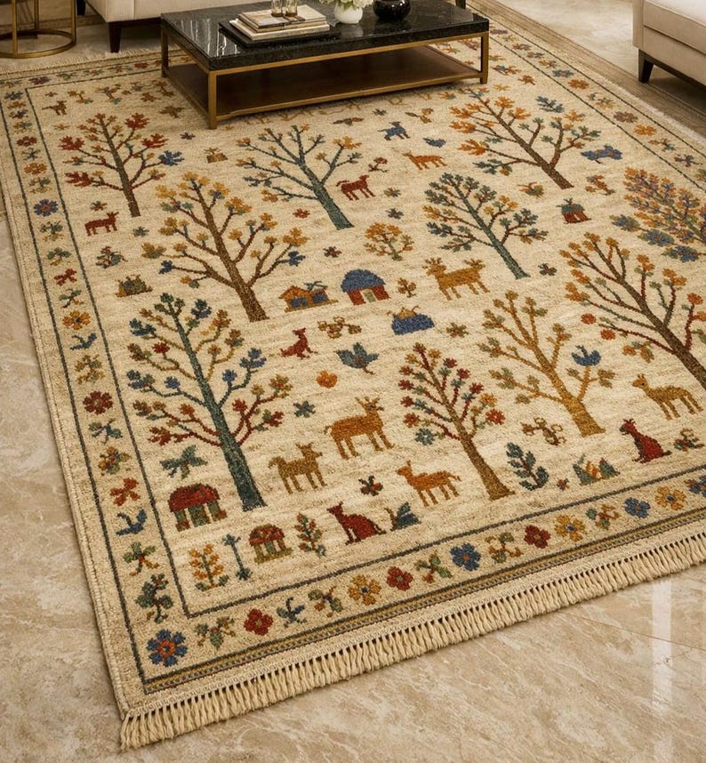 Forest Throw Rug Hand Knitted Forest Animal Rug, Wool Area Rug, Scandinavian Folk Art ...