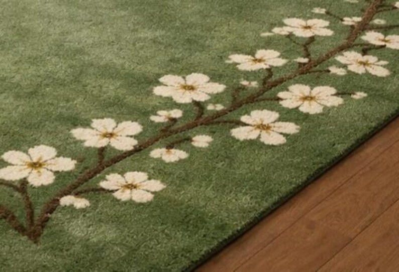 Puede incluir: Alfombra verde con dise&ntilde;o floral. La alfombra presenta una rama con flores blancas y centros amarillos. La alfombra est&aacute; sobre un suelo de madera. La alfombra es de un material suave y afelpado.