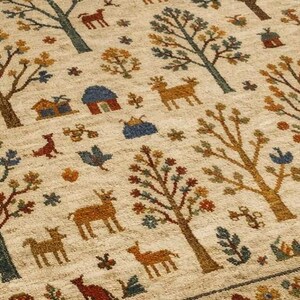 Pu&ograve; includere: Tappeto beige con un motivo ripetuto di alberi, cervi e piccole case nei toni del marrone, blu e arancione. Il tappeto ha un aspetto strutturato, con un bordo in basso. Il design evoca un tema rustico e naturale.