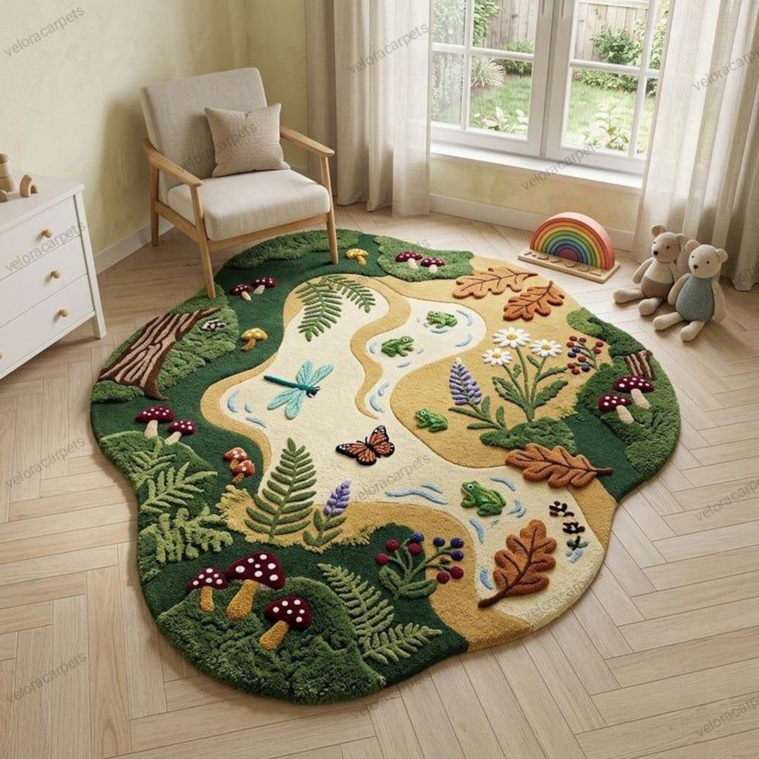 Hand Tufted Forest Kids Rug, Nature Play Rug With River & Animals, Wool ...
