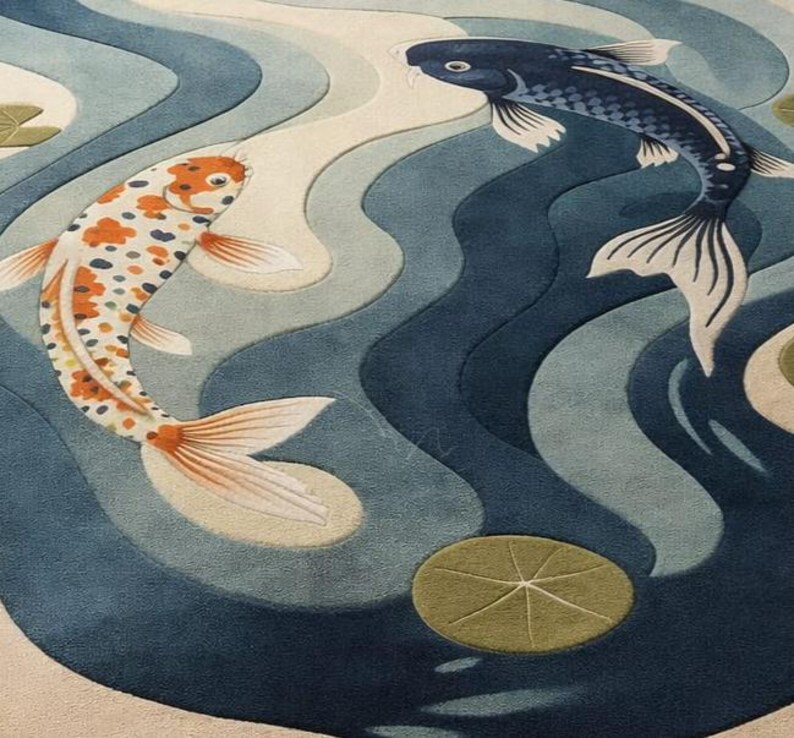Hand Tufted Koi Fish Rug, Japanese Style Carp Rug, Abstract Water ...
