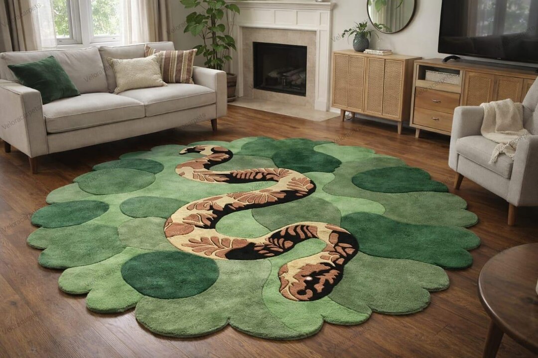 Hand Tufted Wool Snake Rug, Green Botanical High-low Pile - Etsy