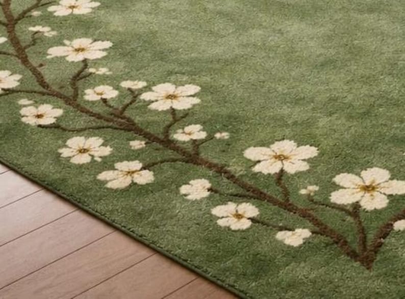 Puede incluir: Alfombra verde con dise&ntilde;o floral. La alfombra presenta una rama marr&oacute;n con flores blancas. La alfombra es de color verde suave y tiene una apariencia texturizada. Est&aacute; colocada sobre un suelo de madera.