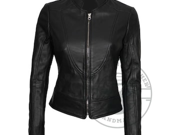 The Classic Women Leather Jacket | Handmade Real Leather | Custom Fit Luxury Women's Outerwear | Ban Collar Style Leather Jacket