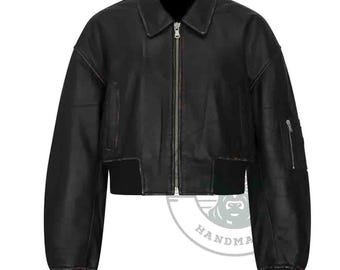 Black Slim Fit Real Leather Jacket for Women's | Custom Handmade Bomber Jacket | Stylish Winter Outerwear Gift