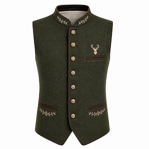 Colete masculino de lã verde Trachten, bordado de veado, colete Lederhosen da Baviera