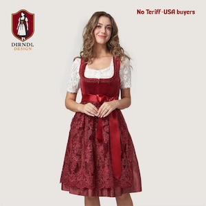 Elegant Red Lace Dirndl Dress with Satin Bow – Traditional Oktoberfest Bavarian Dress