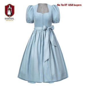 Light Blue Bavarian Dirndl Dress – Oktoberfest Outfit with Puff Sleeves and Waist Bow