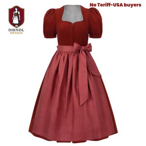Amber Red Dirndl Dress with Apron – Traditional Bavarian Oktoberfest Outfit, 100% Cotton