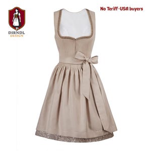 Elegant Beige Dirndl Dress with Apron & Bow – Oktoberfest Bavarian Costume
