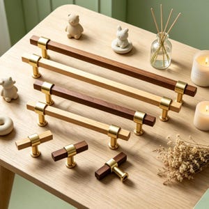 Minimalist Wood Brass Drawer Handles,Natural Walnut Oak Kitchen Cabinet Knobs, Mid Century Modern Dresser Pulls,Single Hole & T-Bar Hardware