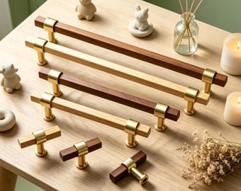 Tiradores minimalistas de madera y latón para cajones, pomos de nogal natural para armarios de cocina, tiradores de estilo moderno de mediados de siglo para cómodas, herrajes de un solo orificio y de barra en T.