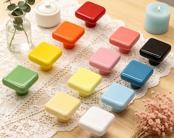 Tiradores de cerámica brillante para armarios, tiradores cuadrados sólidos para cajones con tornillos, tiradores para muebles en varios colores, herrajes duraderos para cocina y baño.