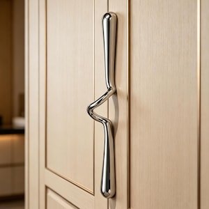 Könnte beinhalten: Ein polierter Chrom-Schrankgriff mit einem einzigartigen, fließenden Design. Der Griff ist in einem wellenartigen Muster gebogen und verleiht der hellen Holzschranktür eine moderne Note. Der Griff ist vertikal ausgerichtet und hat eine glatte, reflektierende Oberfläche.