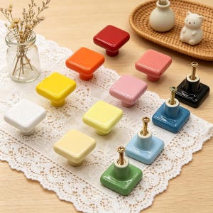 Tiradores cuadrados de cerámica coloridos para armarios, tiradores brillantes para cajones, tiradores de un solo orificio para cómoda, tiradores bonitos para armarios, decoración moderna para el hogar.