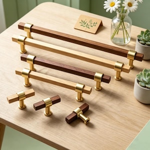 Minimalist Wood Brass Drawer Handles,Natural Walnut Oak Kitchen Cabinet Knobs, Mid Century Modern Dresser Pulls,Single Hole & T-Bar Hardware